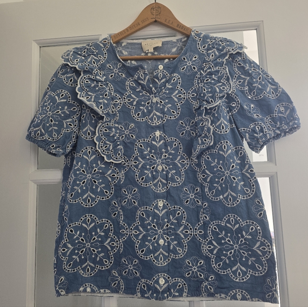 SÉZANE Jordanna Ebroidered Scalloped Button Front Top Denim  Blue 34 - Picture 6 of 14